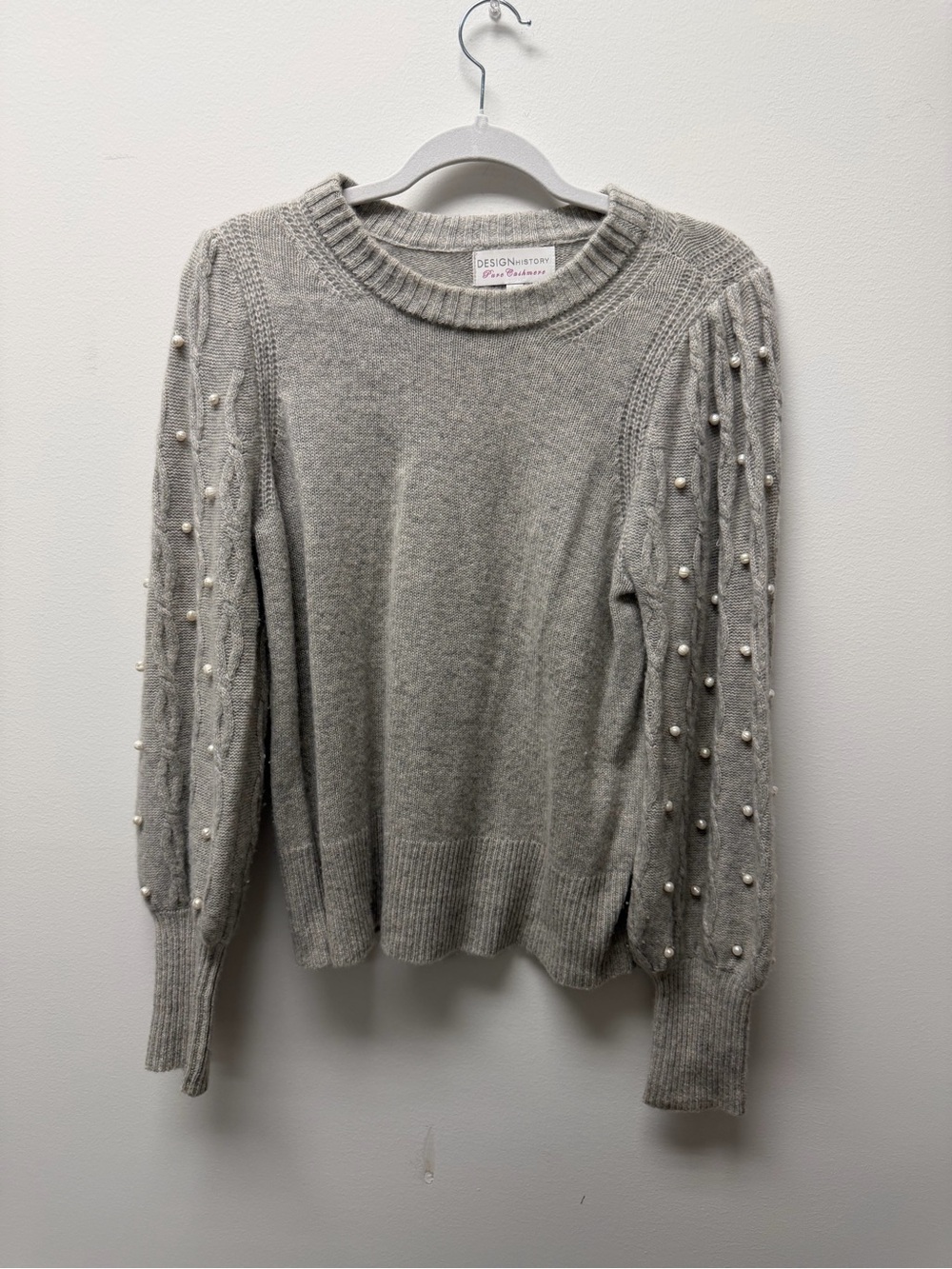 Design History Light Gray Pearl-Embellished Cable Sleeve Crewneck Sweater